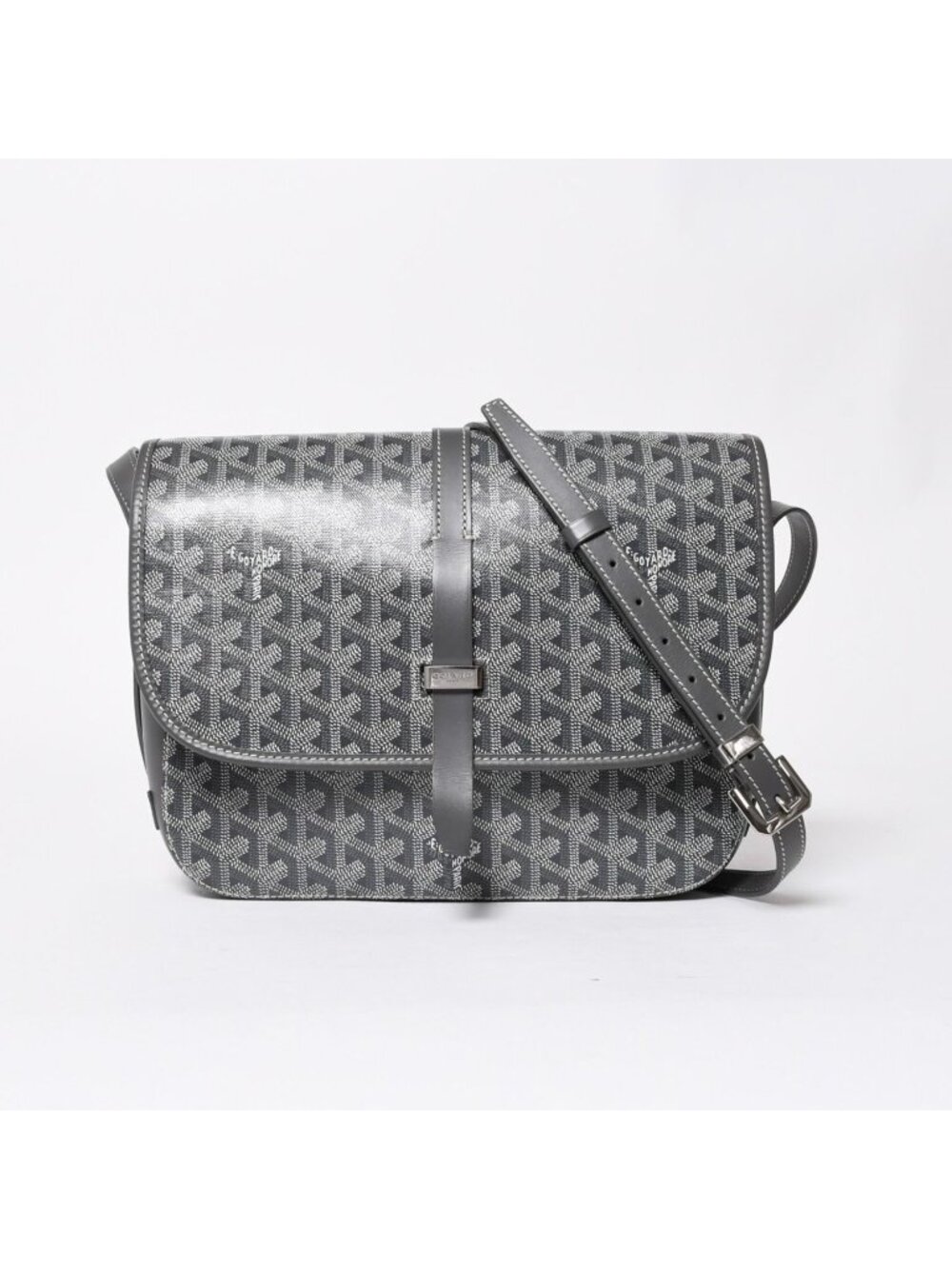 Goyard Belvedere GM Shoulder Bag Gray Leather Silver Herringbone Pattern